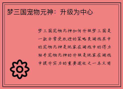 梦三国宠物元神：升级为中心